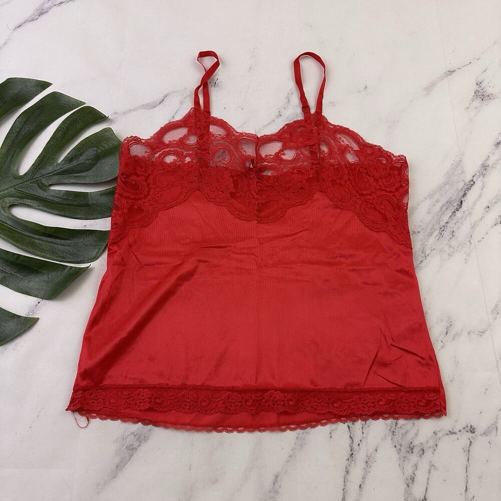 Cine Star Womens Vintage 90s Cami Tank Top Size S Red Lace Trim Lingerie